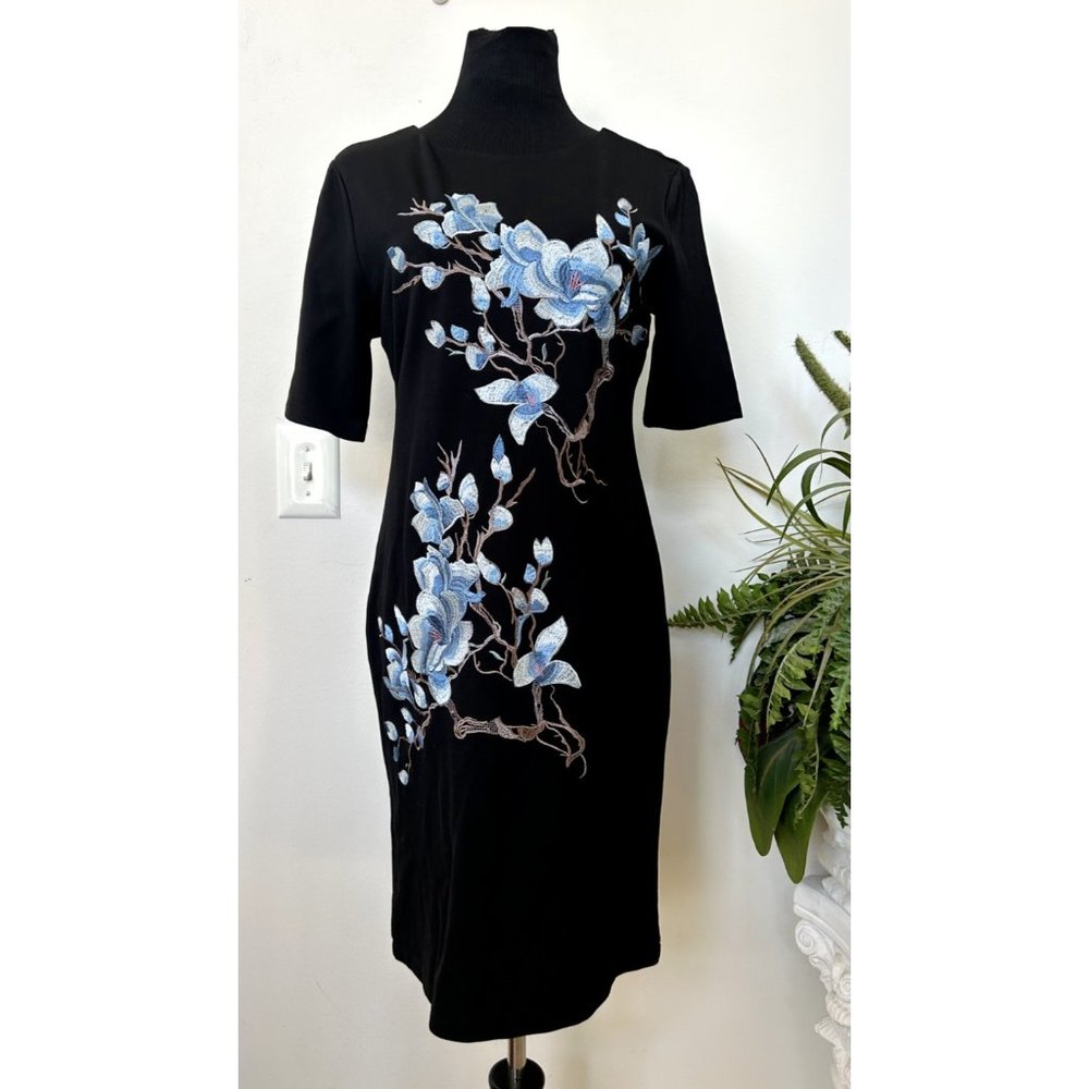 NWT‎ Context Lord & Taylor Women's Sheath Black Embroidery Floral Dress Size M